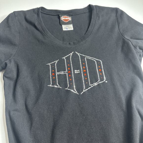 Harley Davidson Bling Tee L Black Las Vegas Rhinestone Logo USA Y2K Biker Babe - Picture 5 of 9